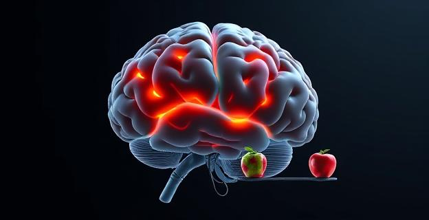 Imagen de un cerebro humano con áreas resaltadas relacionadas con el placer y la alimentación, mostrando conexiones neuronales y una balanza con alimentos saludables y no saludables