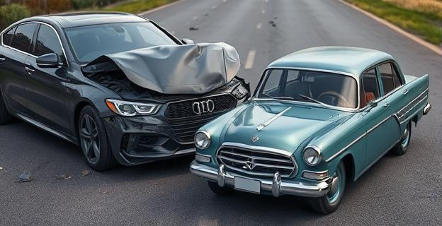 Imagen de un coche moderno gravemente dañado tras un choque, con un Chrysler antiguo al lado que parece intacto. El fondo muestra una carretera con restos de accidente.