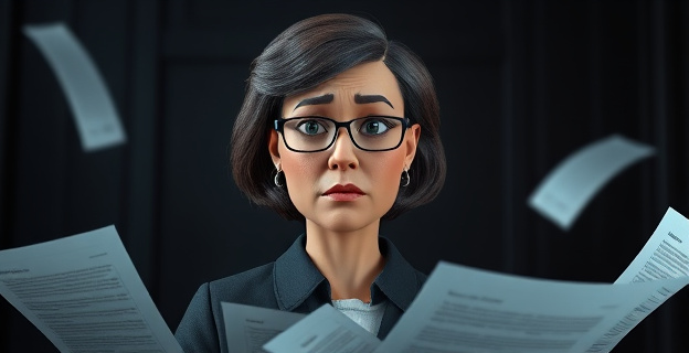 Una figura autoritaria femenina con expresión seria y preocupada, rodeada de papeles y documentos legales, con un fondo oscuro que sugiere misterio y controversia.
