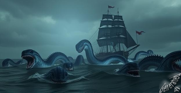Una imagen oscura y ominosa de un océano con criaturas marinas violentas atacando un barco en el fondo, con un cielo gris y tormentoso
