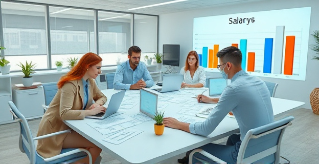 Oficina con empleados de diferentes géneros y edades trabajando con documentos de salarios visibles en una mesa grande, con un gráfico de barras mostrando diferencias salariales en la pared