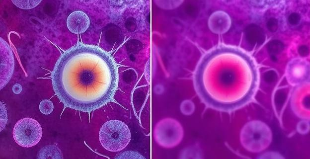 Imagen microscópica de células madre del folículo piloso con pigmento y sin pigmento, mostrando el proceso de diferenciación celular y senescencia en un entorno de laboratorio