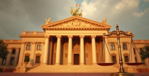 Edificio del Tribunal Supremo de España con un ambiente de tensión y seriedad, con símbolos de justicia y balanzas en primer plano.