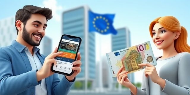 Un hombre sostiene un teléfono móvil con una aplicación de pagos, mientras que una mujer sostiene un billete de euros. Al fondo, una ciudad con edificios modernos y una bandera de la Unión Europea.