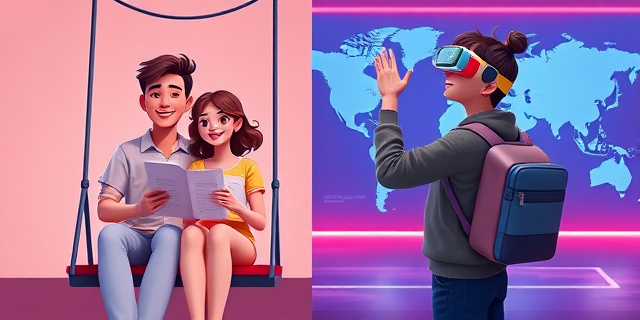 Una ilustración dividida en dos mitades: a la izquierda, una pareja joven con un bebé colgado de un columpio, sonrientes y con una lista de la compra abierta; a la derecha, un individuo con mochila y gafas de realidad virtual, mirando un mapa del mundo, con una mano levantada como si estuviera tirando una tarjeta de crédito, rodeado de luces de neón que simbolizan la curiosidad y la exploración, sin rostros reconocibles, en un estilo moderno y minimalista.