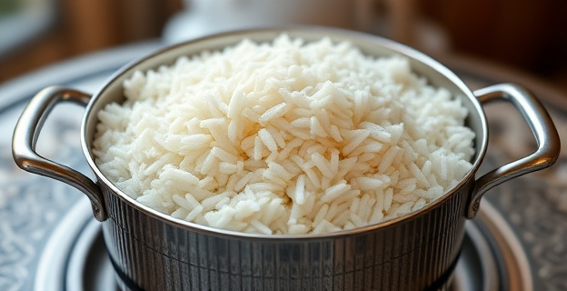 Una olla de arroz blanco perfectamente cocido con un toque de manteca derretida y un aroma a ajo, sobre una mesa elegante.