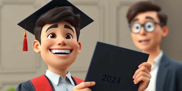 Una imagen de una persona sonriente con un título universitario en la mano, mientras otra persona con una expresión de sorpresa mira desde el fondo