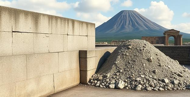 Imagen de una estructura de hormigón antiguo con grietas reparadas naturalmente, junto a un montón de ceniza volcánica y fragmentos de cal. En el fondo, una representación de Pompeya y el Vesubio.
