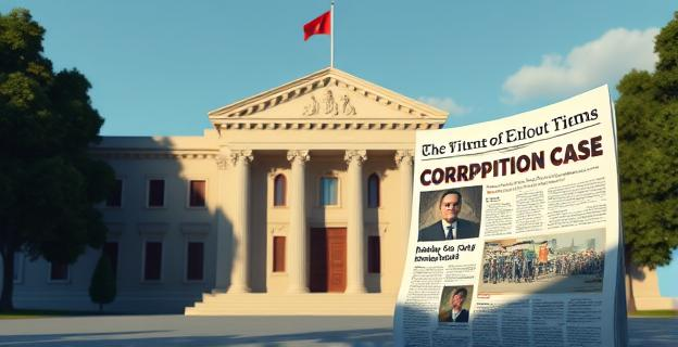 Imagen de un edificio oficial con una sombra de corrupción y un titular de periódico sobre un caso de corrupción política