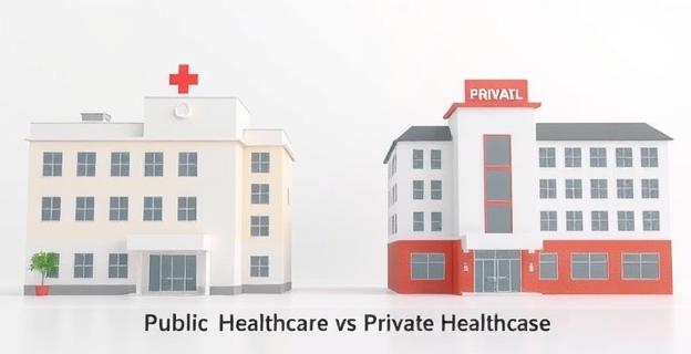 Imagen de un hospital público y uno privado enfrentados, con un titular que dice 