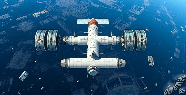 Una estación espacial con módulos conectados en forma de T, rodeada de basura espacial en órbita baja terrestre.