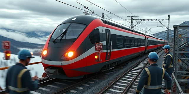 Un tren de alta velocidad en una vía de montaña, con una zona de soldadura iluminada por luces de inspección ultrasónica. La escena está rodeada de maquinaria de reparación y técnicos con cascos de seguridad, sin rostros visibles, con un fondo de nubes y un cielo gris.