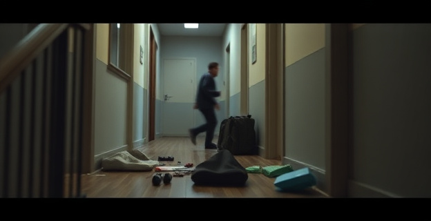 Una escena de un portal de un edificio residencial con señales de lucha y objetos personales desparramados por el suelo. Al fondo, una figura borrosa que se aleja rápidamente.