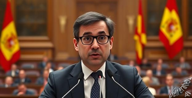 Imagen de Patxi López en una rueda de prensa en el Congreso de los Diputados, con un fondo de banderas españolas y catalanas, mientras habla por un micrófono.