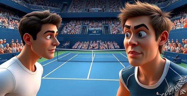 Imagen de tenistas en la pista del US Open con expresiones de determinación y esfuerzo, reflejando la emoción de competir en uno de los torneos más prestigiosos del tenis mundial.