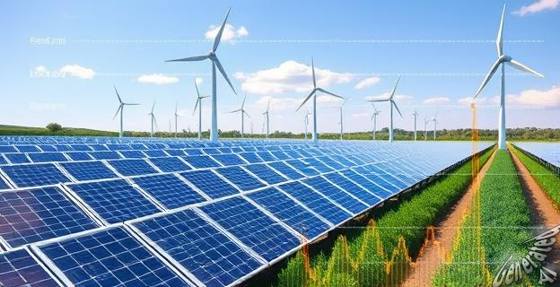 Una imagen de una central eléctrica con paneles solares y molinos de viento al fondo, con una superposición de gráficos que muestran la generación y demanda de energía en España.