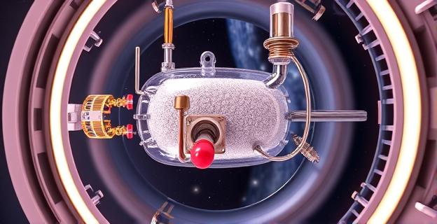 Imagen de un biorreactor en el espacio con bacterias y gases produciendo una proteína en polvo