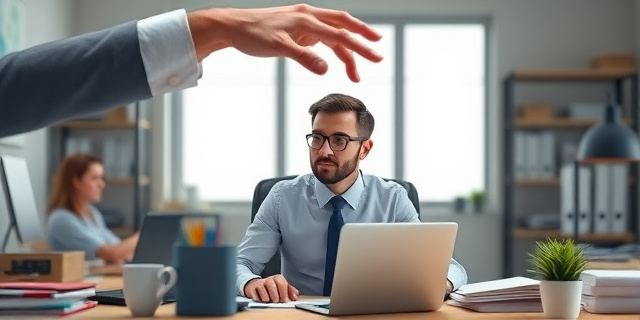Una imagen de un autónomo trabajando en una oficina con un fondo de documentos y papeles, mientras una mano invisible le quita una carga de encima