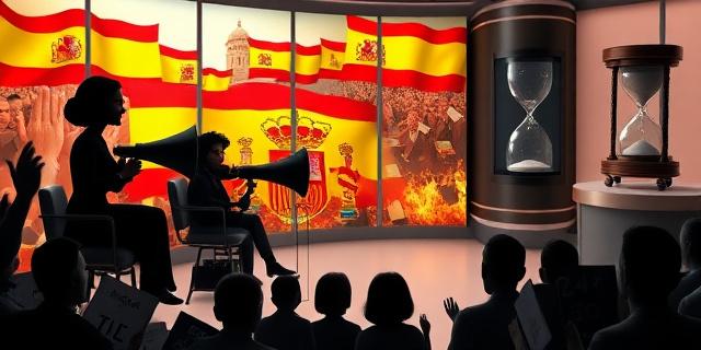 
  Imagen surrealista de un plató de televisión en tonos rojizos y dorados, estilo 