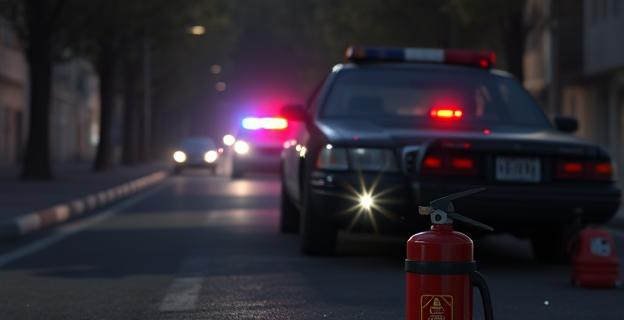 Una escena de un coche abandonado con impactos de bala en una calle oscura, con luces de vehículos policiales al fondo y un extintor vaciado en primer plano.