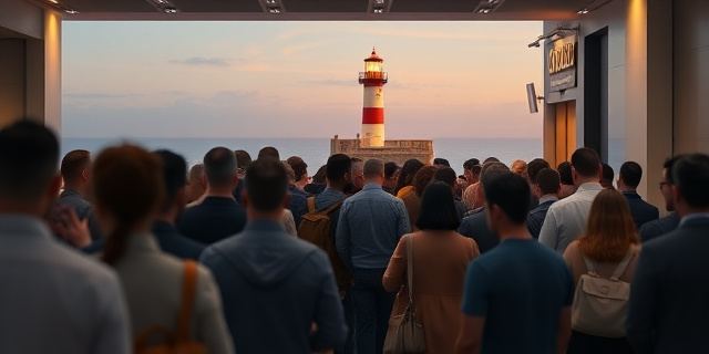 Una multitud de personas haciendo cola en un consulado, con un faro de fondo que ilumina el mar