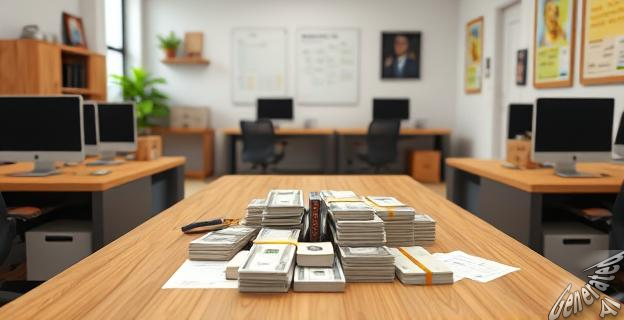 Una sala con escritorios y dinero en efectivo sobre una mesa, con tarjetas de crédito y documentos de gastos al fondo.