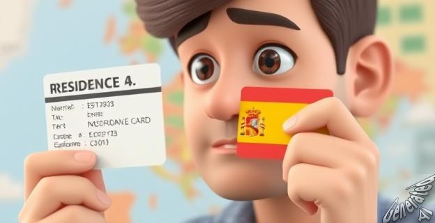 Una persona con una tarjeta de residencia en la mano, mirando un mapa de España con una expresión de incertidumbre.