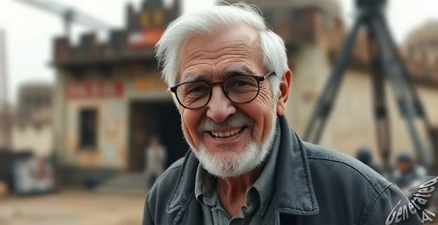 Un hombre de avanzada edad con aspecto de director de cine, sonriendo mientras habla de su próximo proyecto cinematográfico en un entorno postapocalíptico