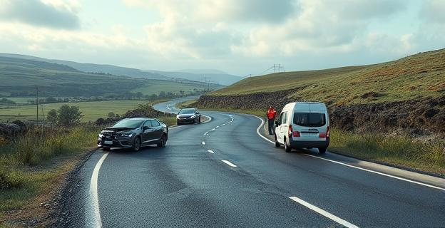 Carretera sinuosa en un paisaje rural gallego con restos de un accidente de tráfico: vehículos siniestrados y marcas de frenada en el asfalto, con servicios de emergencia presentes en la escena.