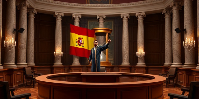 Una sala de debate del Senado iluminada por luz tenue, columnas de mármol y una mesa ovalada. En el centro, una figura con toga y bastón, señalando con gesto firme. Al fondo, una bandera española y un gran reloj de arena que simboliza el tiempo de la democracia.