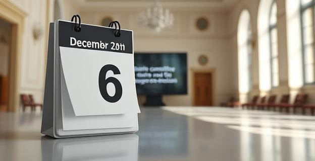 Imagen de un calendario con fecha marcada el 6 de diciembre y un cartel o pantalla mostrando un mensaje sobre la Constitución Española en un entorno institucional vacío