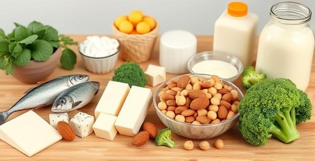 Imagen de una mesa con diversos alimentos ricos en calcio como sardinas, tofu, almendras, garbanzos y brócoli, junto a productos lácteos