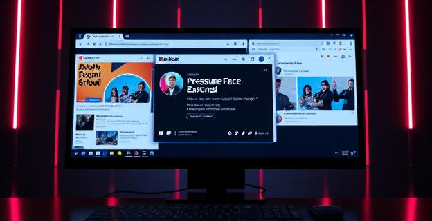 Imagen de una pantalla de ordenador con múltiples ventanas de navegador abiertas, mostrando capturas de pantalla de anuncios y mensajes de presión en redes sociales, con un fondo oscuro y luces de neón representando la tensión digital.