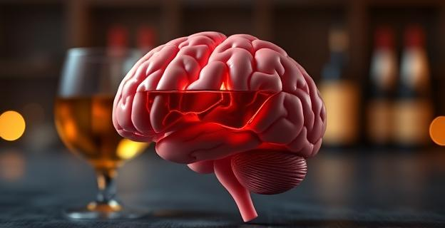 Imagen de un cerebro humano con un vaso de alcohol en un fondo borroso, representando el impacto del alcohol en la salud cerebral