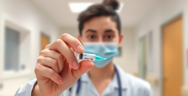 Imagen de un profesional sanitario sosteniendo una vacuna, con un fondo borroso de un centro de salud, y una expresión de preocupación en su rostro.