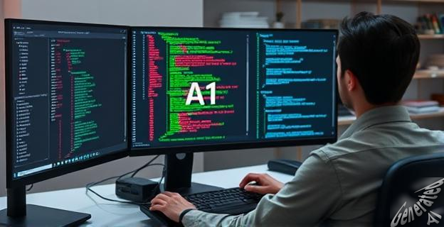 Un usuario sentado frente a un ordenador con una gráfica NVIDIA GeForce RTX 4080, ejecutando un modelo de IA en una pantalla con código y gráficos