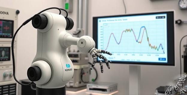 Un robot Kinova Gen3 en un entorno de investigación, con un brazo robótico moviéndose con precisión, mientras se muestra un gráfico de patrones de tráfico de red en una pantalla de fondo.