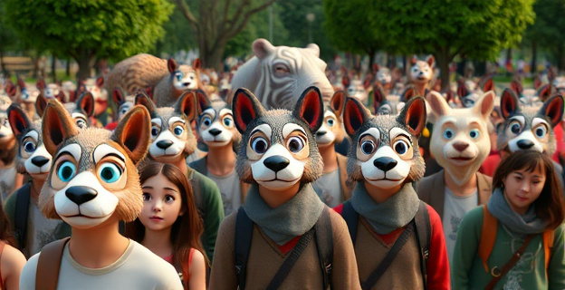 Una multitud de personas con máscaras de animales en un parque, con expresiones de preocupación en sus rostros mientras interactúan con animales reales en el fondo.