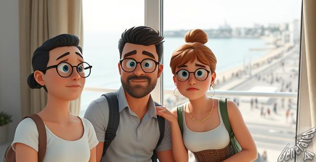 Una pareja de turistas en un apartamento en San Sebastián con una vista al mar, con una expresión de decepción en sus rostros. Al fondo, se ve el paseo marítimo lleno de gente.