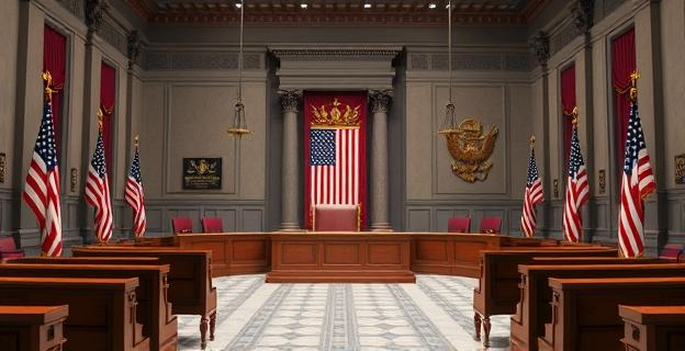 Sala del Tribunal Supremo de EE.UU. con banderas americanas y estrado judicial vacío