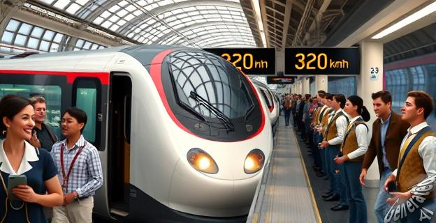 Imagen de un tren de alta velocidad pasando por una estación concurrida con gente sonriendo y subiendo. Al fondo, señal de velocidad con 320 km/h.
