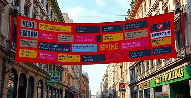 Una gran lona colgada en una calle céntrica de Madrid con mensajes en diferentes idiomas y pantallas mostrando textos relacionados con la libertad y la democracia.