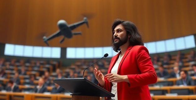 Una eurodiputada de Podemos votando en el Parlamento Europeo con una sombra de drones militares al fondo
