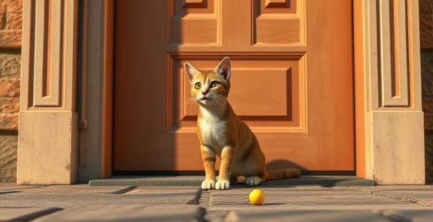 Imagen de un gato callejero en la puerta de una casa con una multa en el suelo