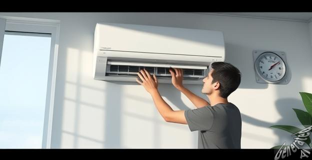 Una persona limpiando el filtro de un aire acondicionado en una habitación fresca y sombreada, con un termómetro en la pared marcando 42ºC.