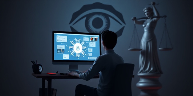 Una imagen de una persona sentada frente a una computadora, con una pantalla que muestra una red social y un ojo gigante observando desde la sombra, mientras una figura de justicia sostiene una balanza en el fondo