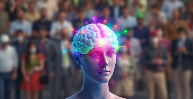 Una mente libre de ataduras, rodeada de colores y luces que representan la claridad y la comprensión, mientras que al fondo se ven imágenes borrosas de personas atrapadas en sus propias ilusiones.