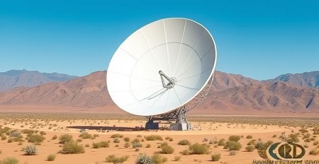 Imagen de una antena parabólica gigante de 70 metros en un paisaje desértico con montañas al fondo, representando el complejo de Goldstone en California.