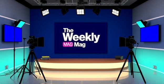 Imagen de una sala de televisión con equipo de grabación y una pantalla con el logotipo de 