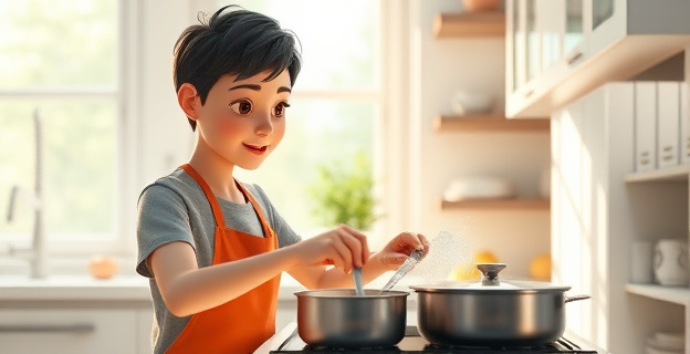 Una cocina iluminada donde una persona cocina y simultáneamente limpia los utensilios, con una expresión de concentración y serenidad. El entorno está ordenado y limpio, reflejando control y organización.